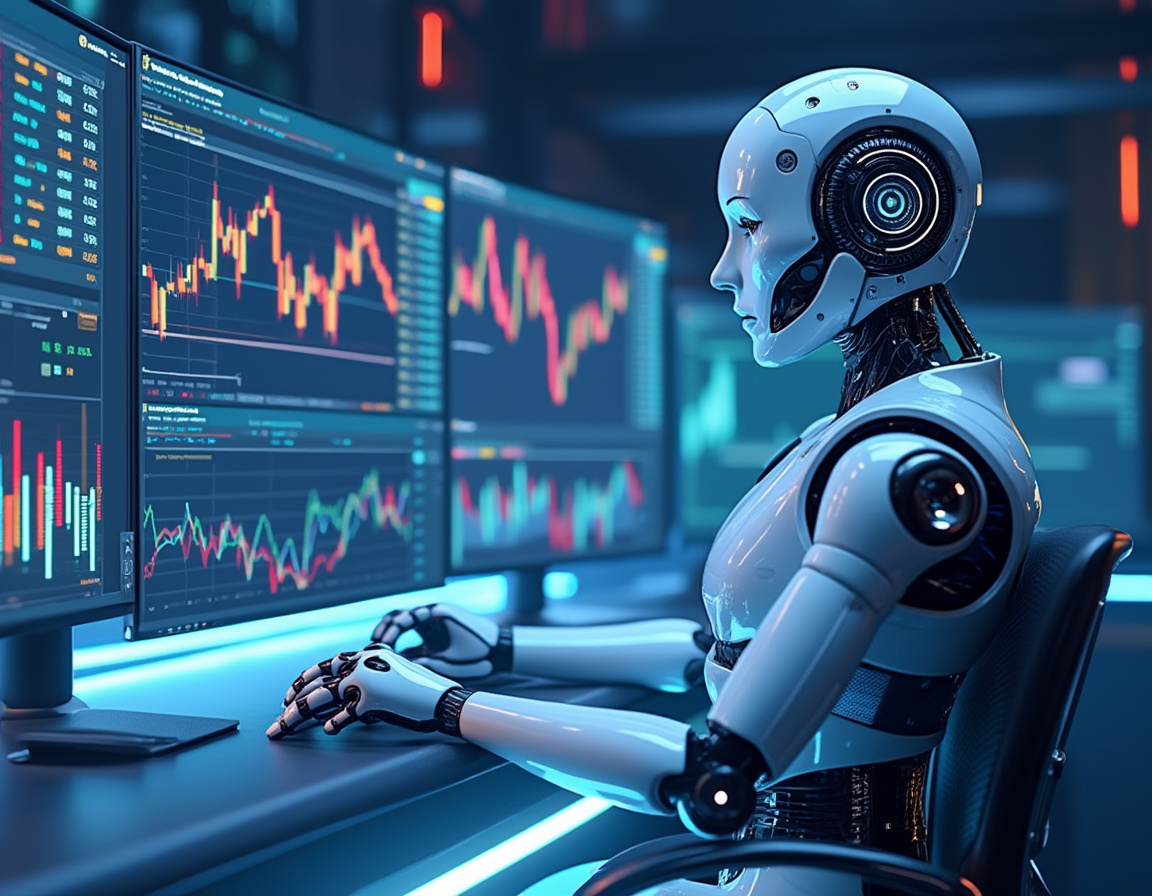 A humanoid AI trading bot at a high-tech workstation analyzing market data on multiple screens.