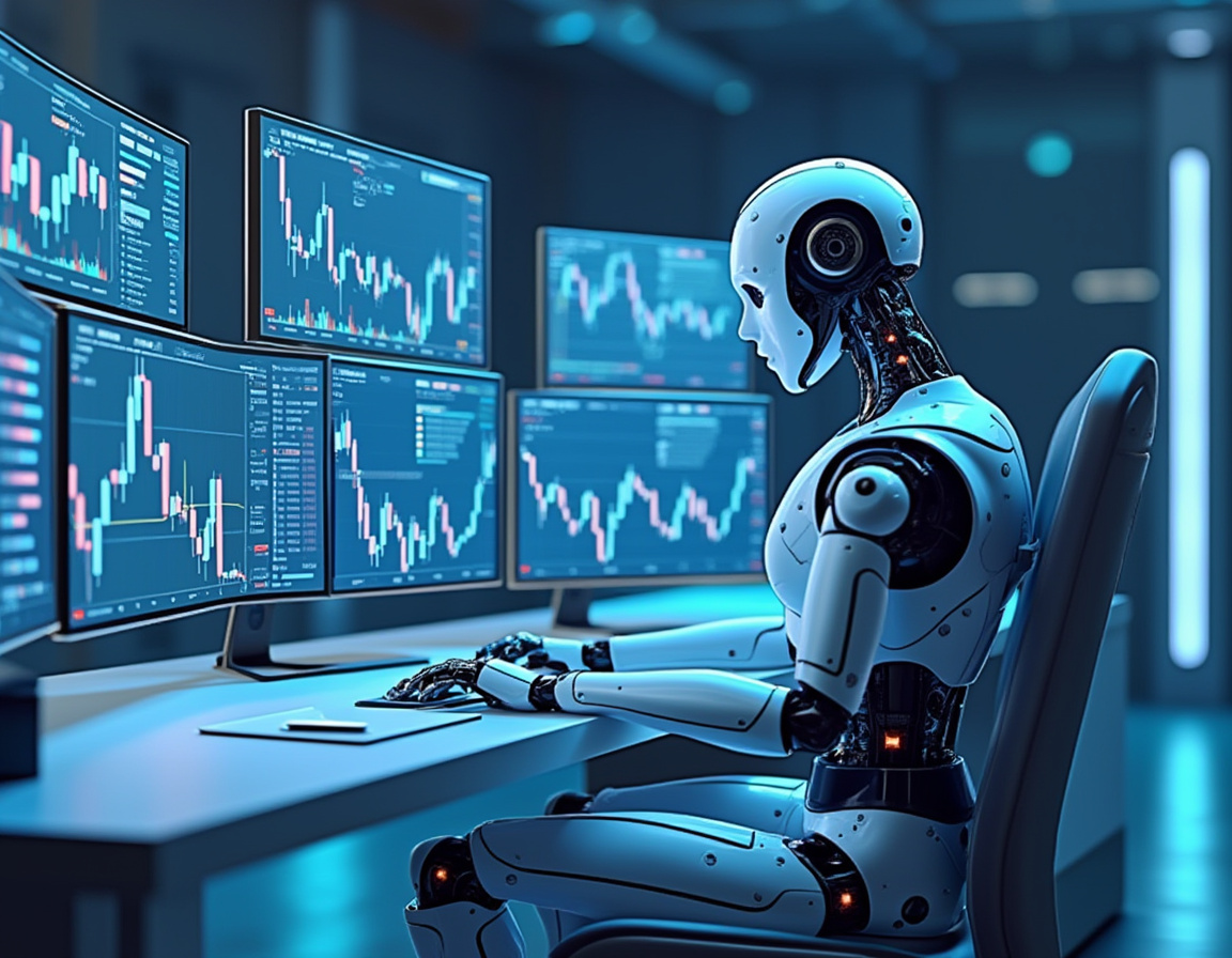 A hyper-realistic AI trading bot analyzes market data on multiple screens in a futuristic setting.