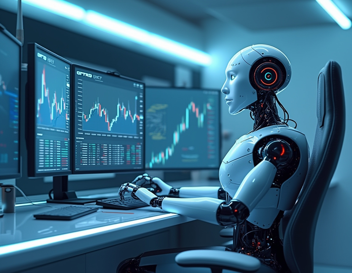 A humanoid AI trading bot at a high-tech workstation analyzing market data on multiple screens.