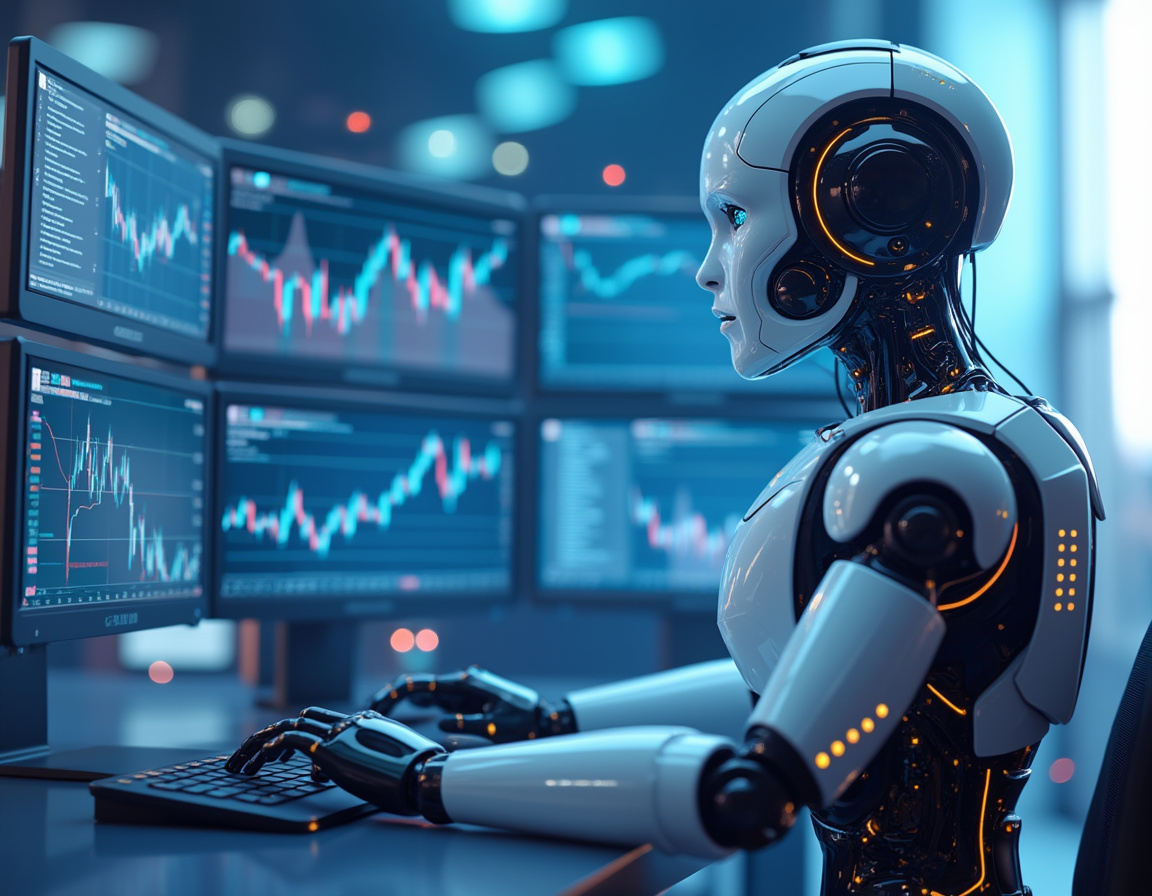 A humanoid AI trading bot at a high-tech workstation analyzes market data on multiple screens.