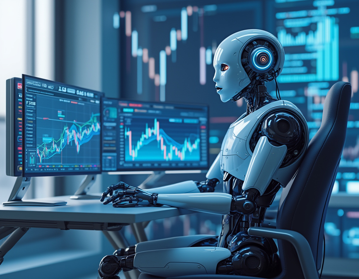 A hyper-realistic AI trading bot analyzes market data on multiple screens in a futuristic workspace.