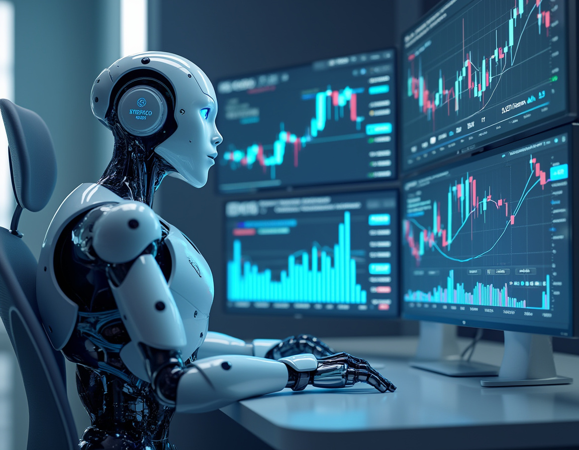 A humanoid AI trading bot at a high-tech workstation analyzing market data on multiple screens.
