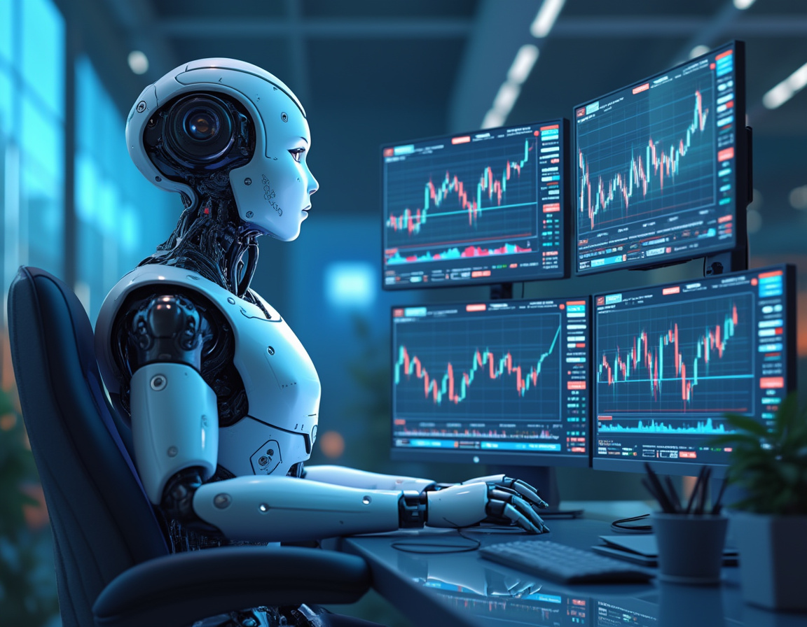 A hyper-realistic AI trading bot analyzes market data in a high-tech, serene financial environment.