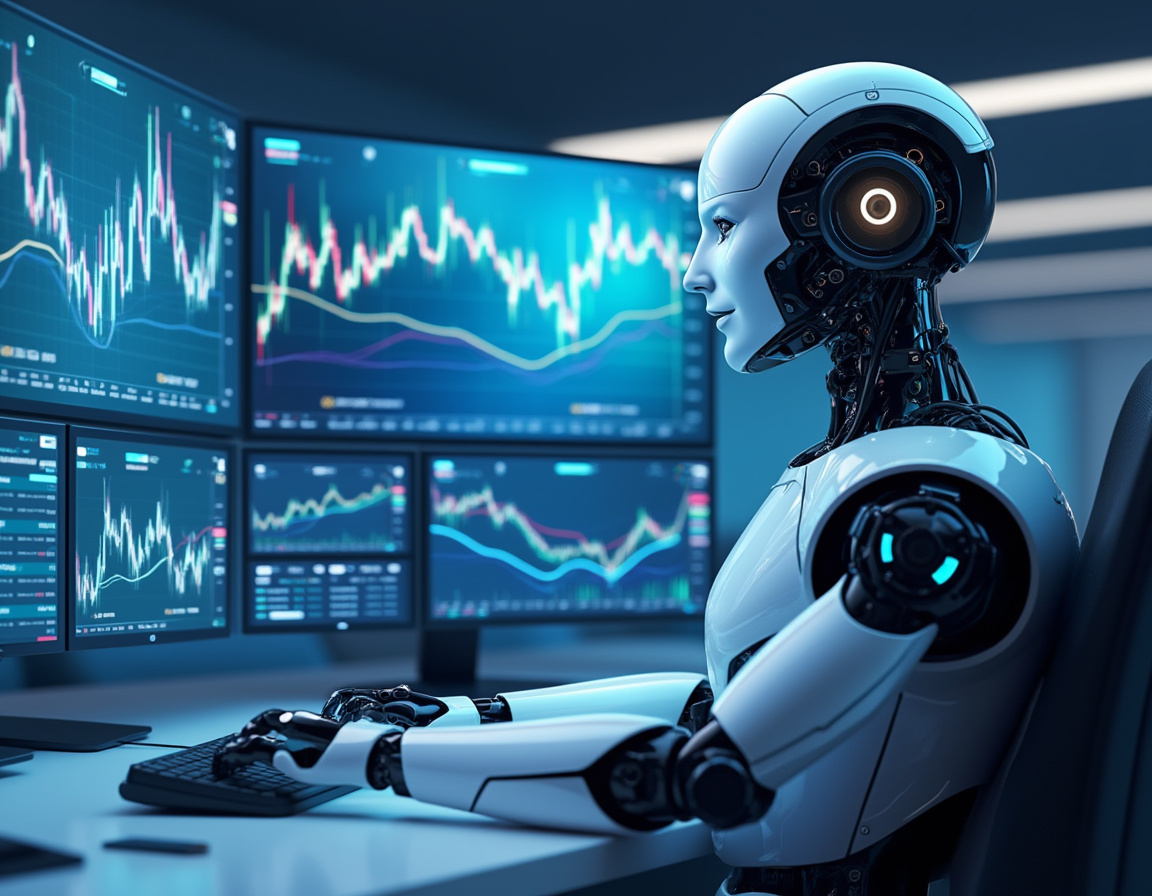 A hyper-realistic AI trading bot analyzes market data on multiple screens in a futuristic setting.