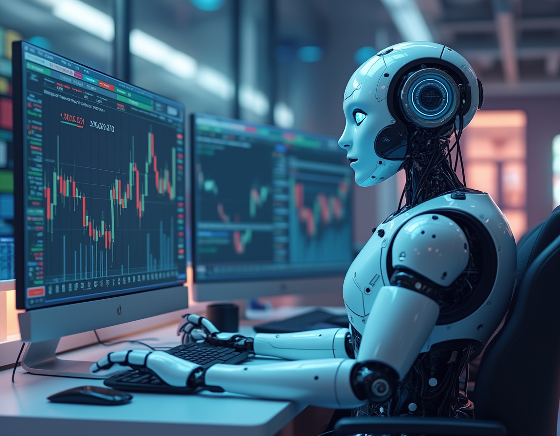 A hyper-realistic AI trading bot at a workstation analyzing market data across multiple screens.