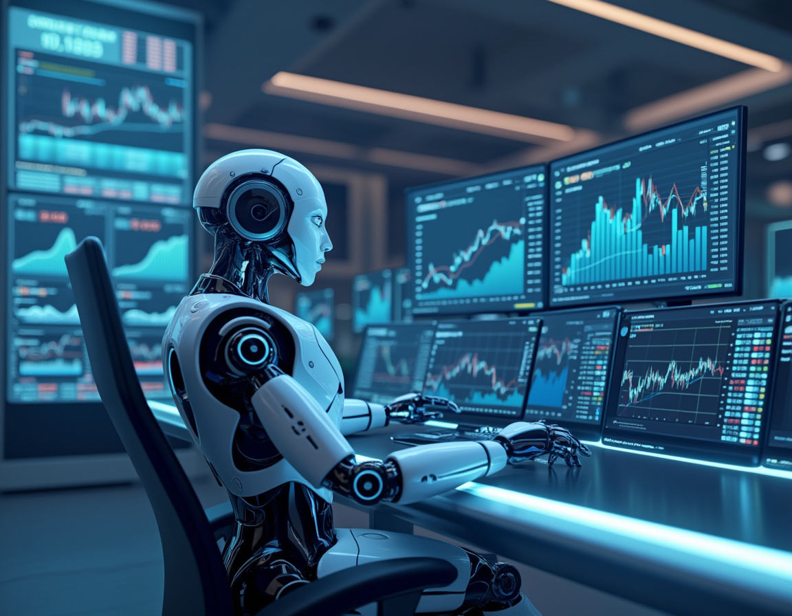 A hyper-realistic AI trading bot in a futuristic setup analyzing market data on multiple screens.