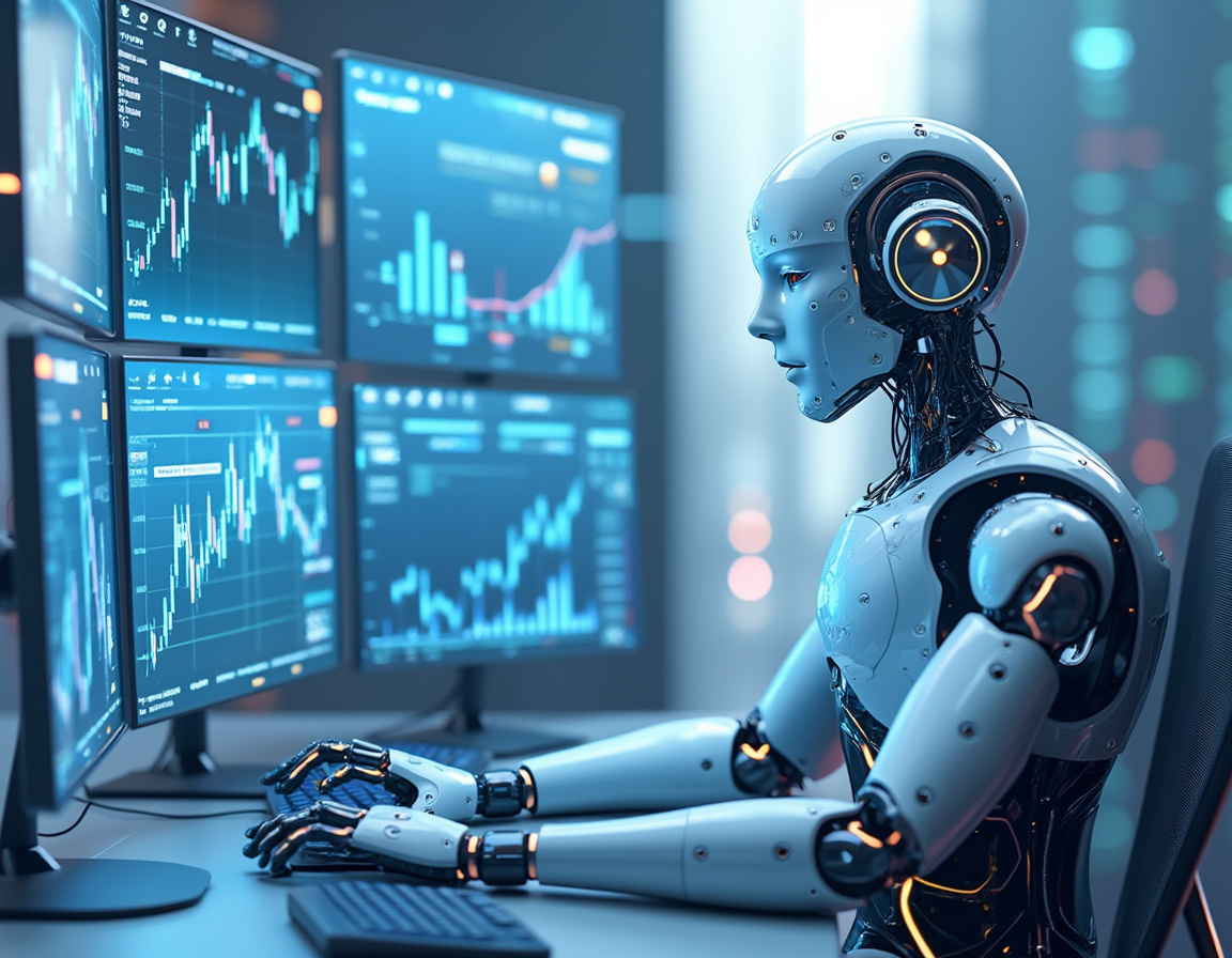 A hyper-realistic AI trading bot operates in a futuristic environment, analyzing crypto market data.