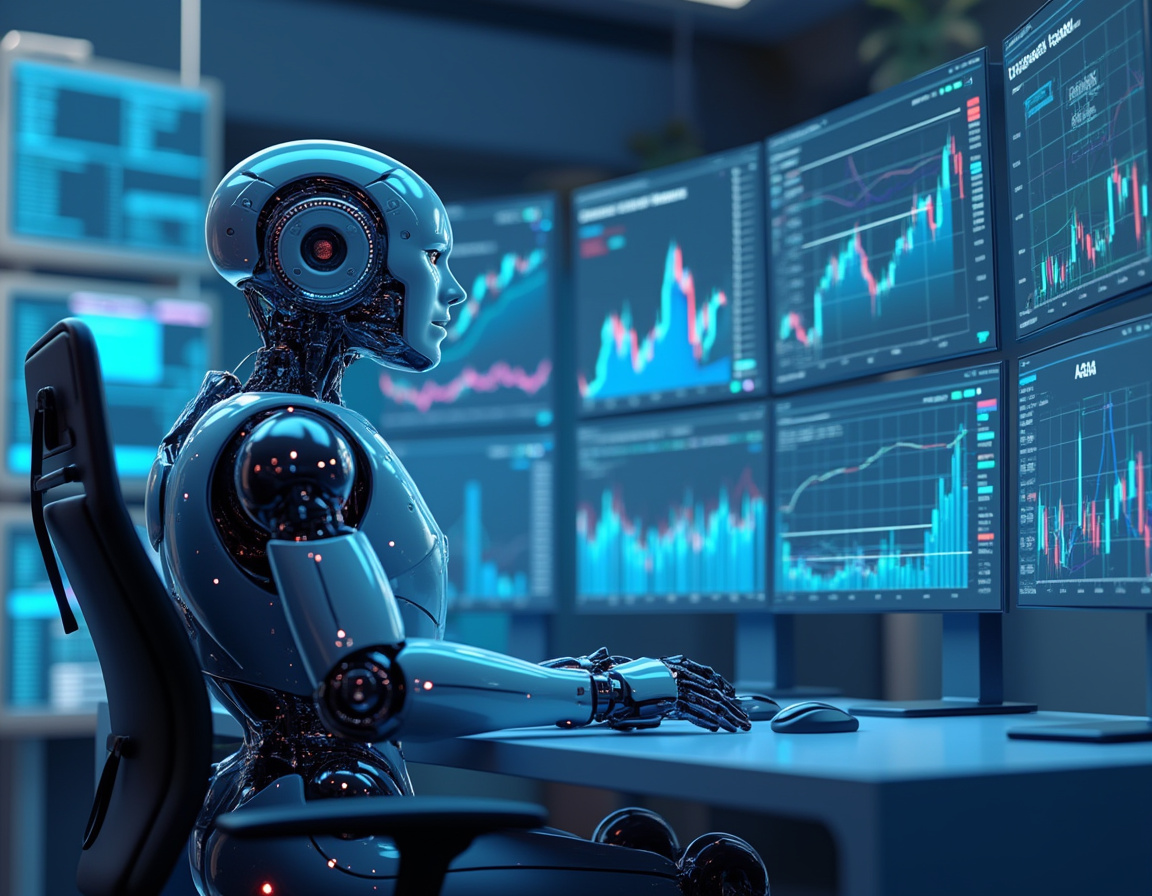 A hyper-realistic AI trading bot analyzes data at a high-tech workstation amid glowing screens.