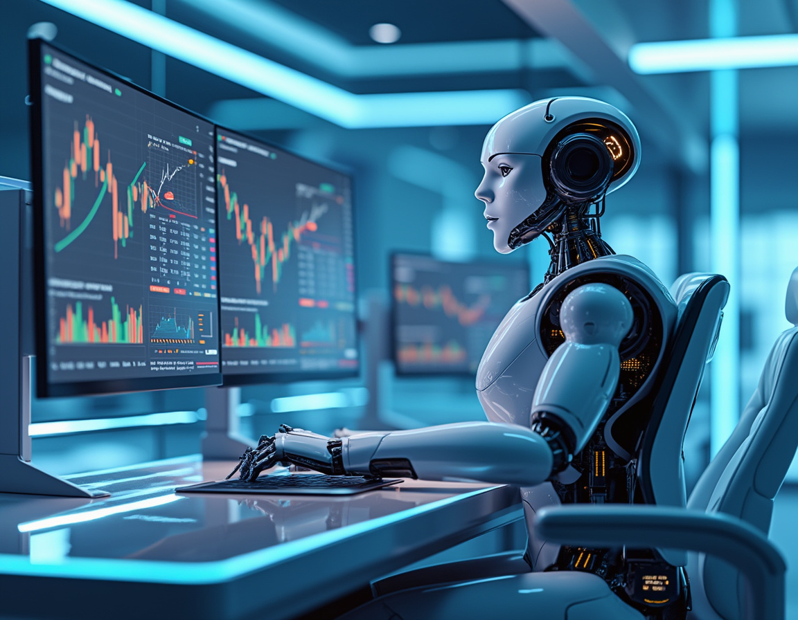 A hyper-realistic AI trading bot at a sleek workstation analyzing market data on multiple screens.