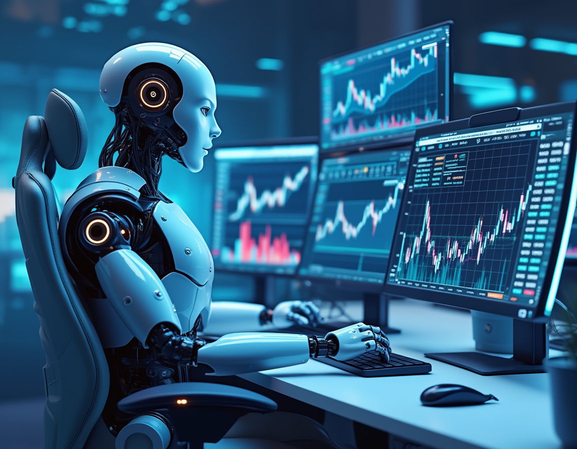 A humanoid AI trading bot at a workstation analyzing market data on multiple screens with charts.