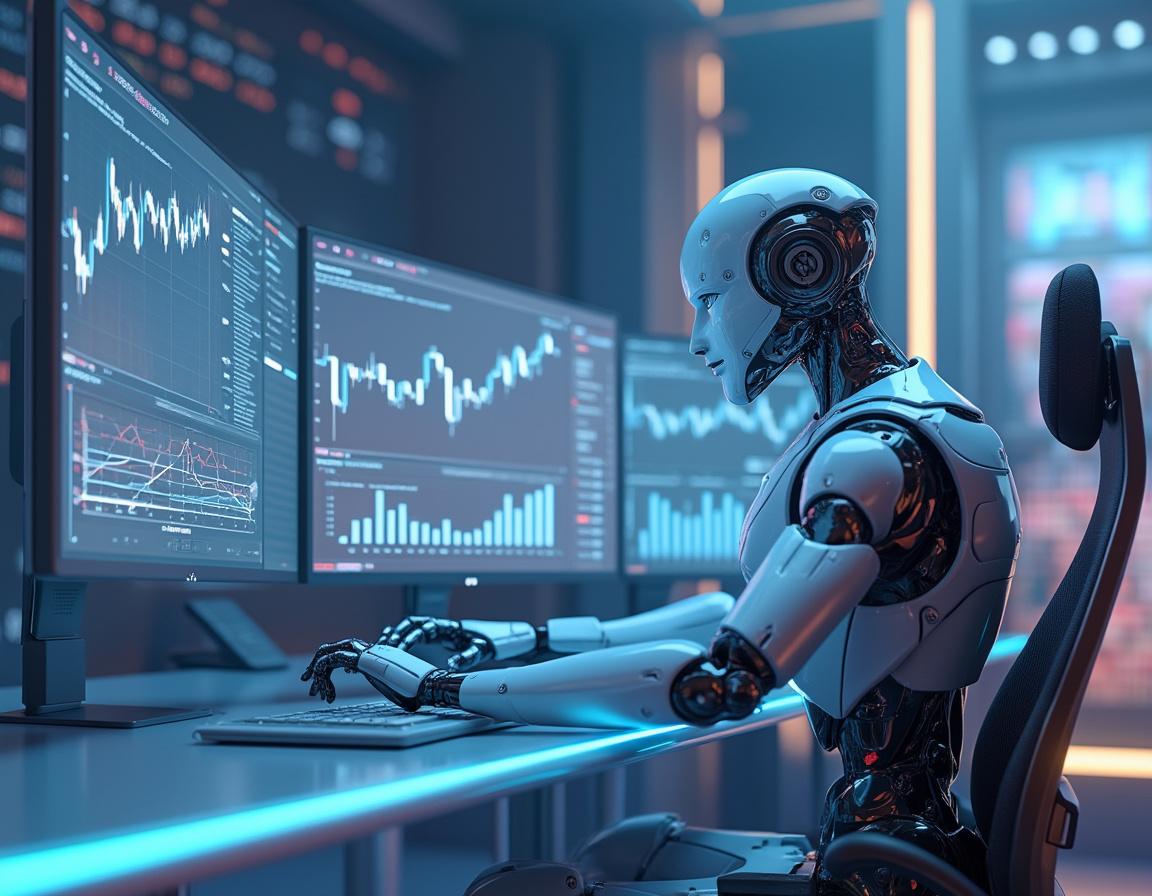 A humanoid AI trading bot analyzes market data at a high-tech workstation with multiple screens.