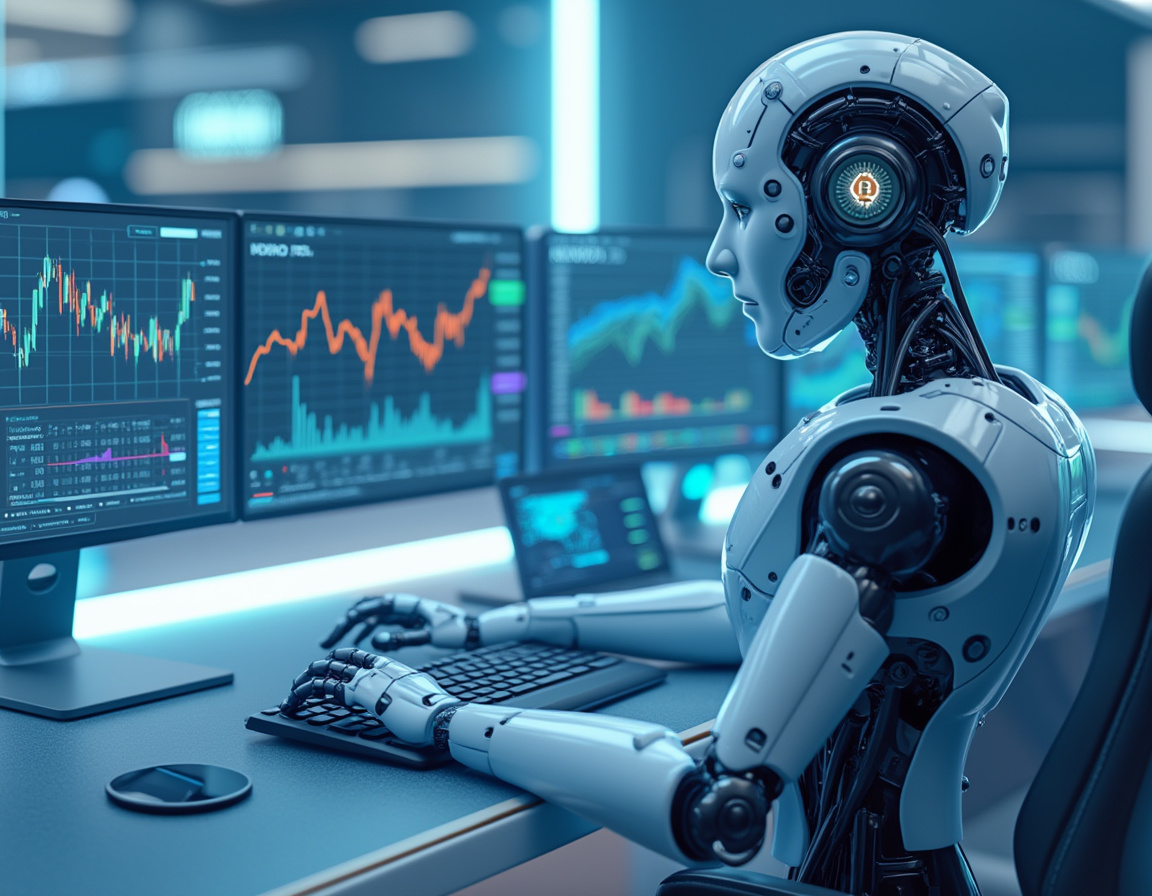 A humanoid AI trading bot analyzes market data at a high-tech workstation, displaying crypto charts.