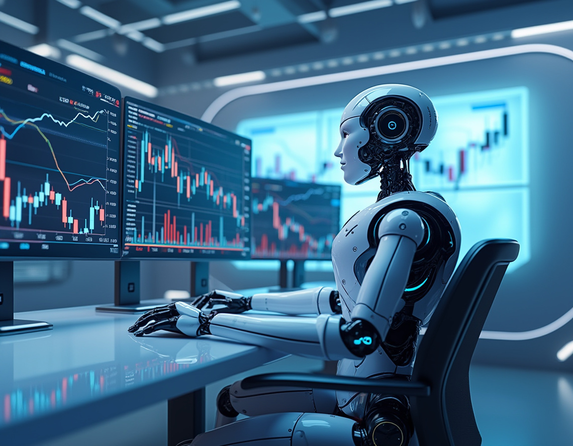 A humanoid AI trading bot analyzes market data at a high-tech workstation with multiple screens.