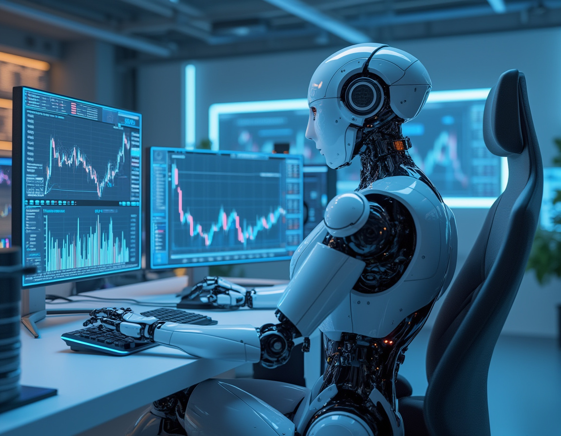 A hyper-realistic humanoid AI trading bot at a workstation, analyzing crypto and stock market data.
