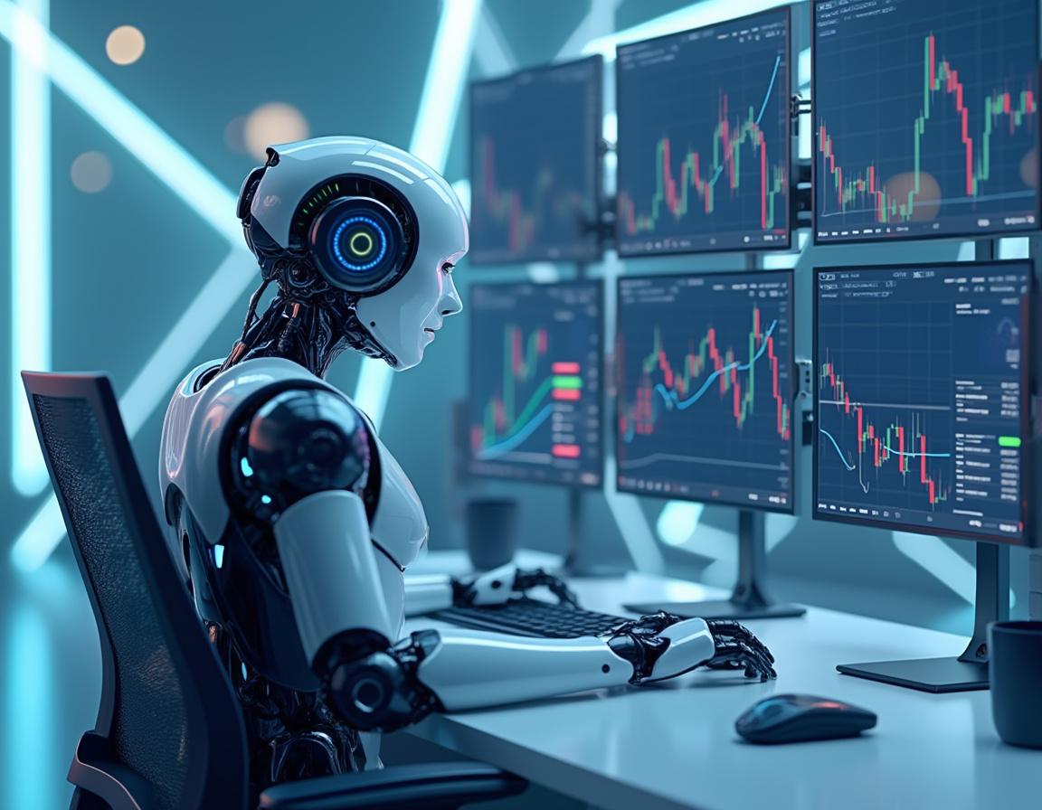 A humanoid AI trading bot analyzes market data at a high-tech workstation with multiple screens.