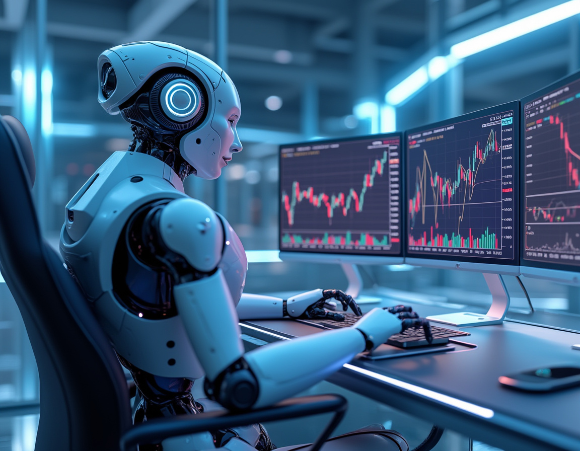 A hyper-realistic AI trading bot at a high-tech workstation analyzing crypto and stock market data.