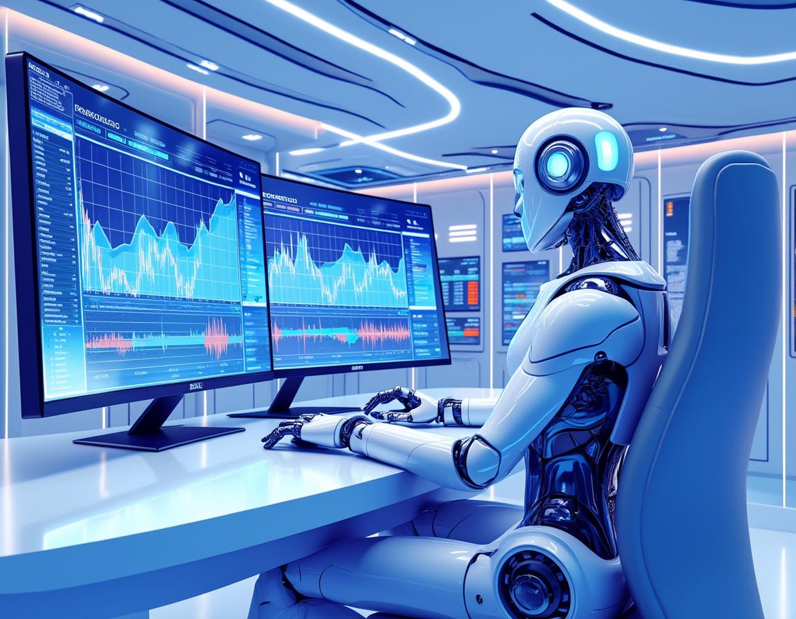 A hyper-realistic AI trading bot at a futuristic workstation analyzing stock and crypto market data.