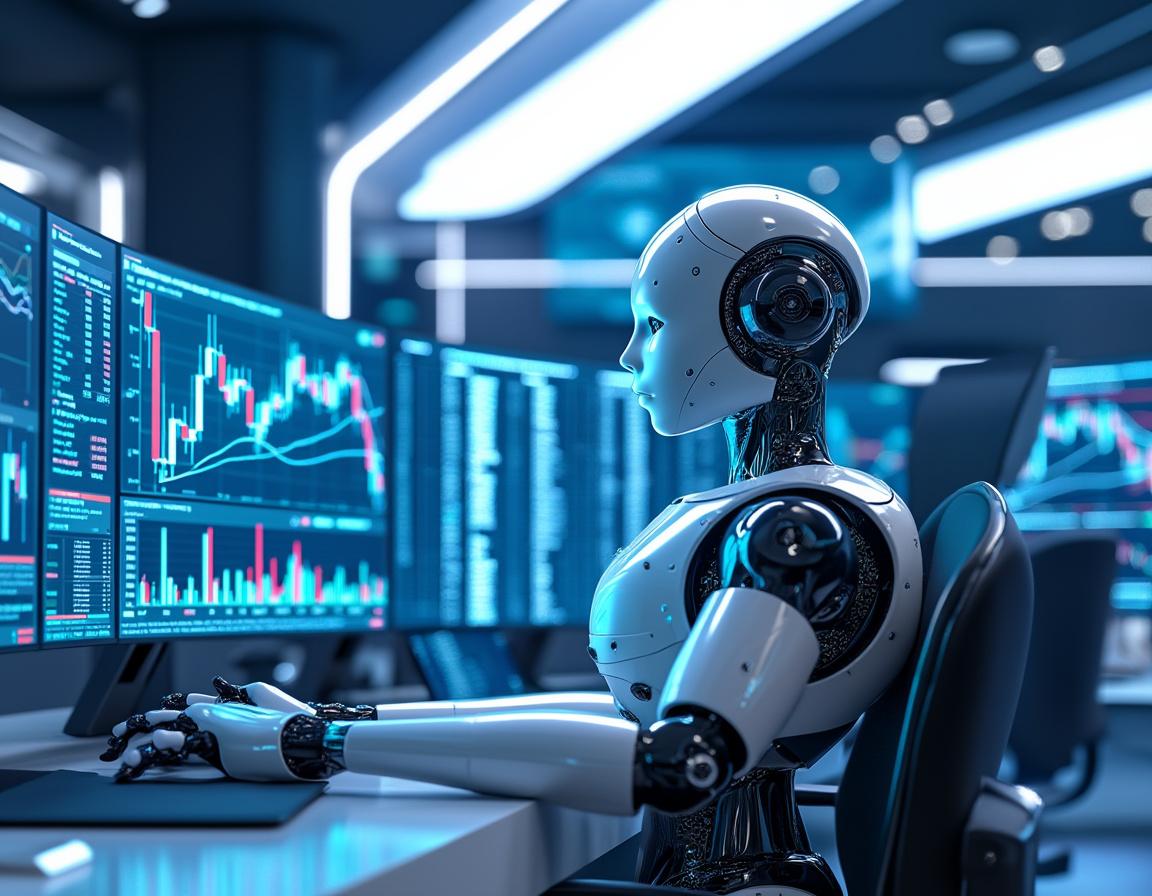 A humanoid AI trading bot at a high-tech workstation analyzes market data on multiple screens.