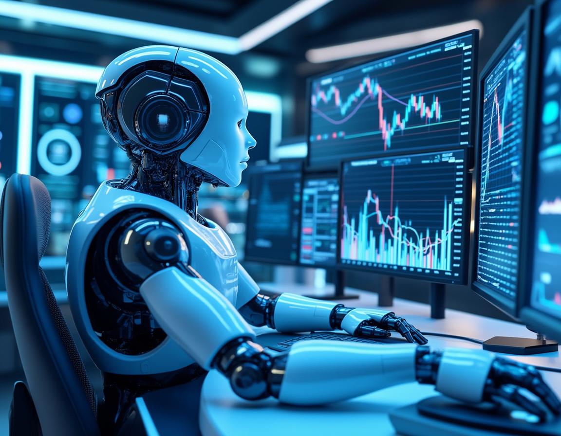A hyper-realistic AI trading bot analyzes market data at a sleek workstation with multiple screens.