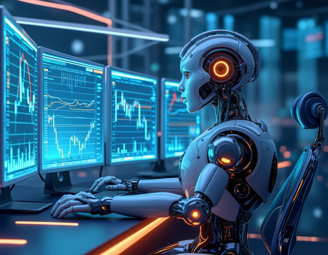 A hyper-realistic AI trading bot at a sleek workstation analyzing market data on multiple screens.