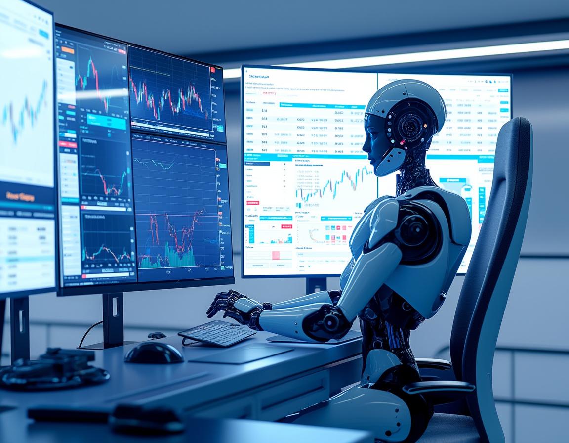 A hyper-realistic AI trading bot analyzing market data at a sleek workstation with multiple screens.