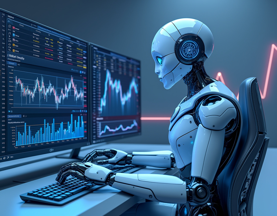 A hyper-realistic AI trading bot at a futuristic workstation analyzing stock and crypto market data.