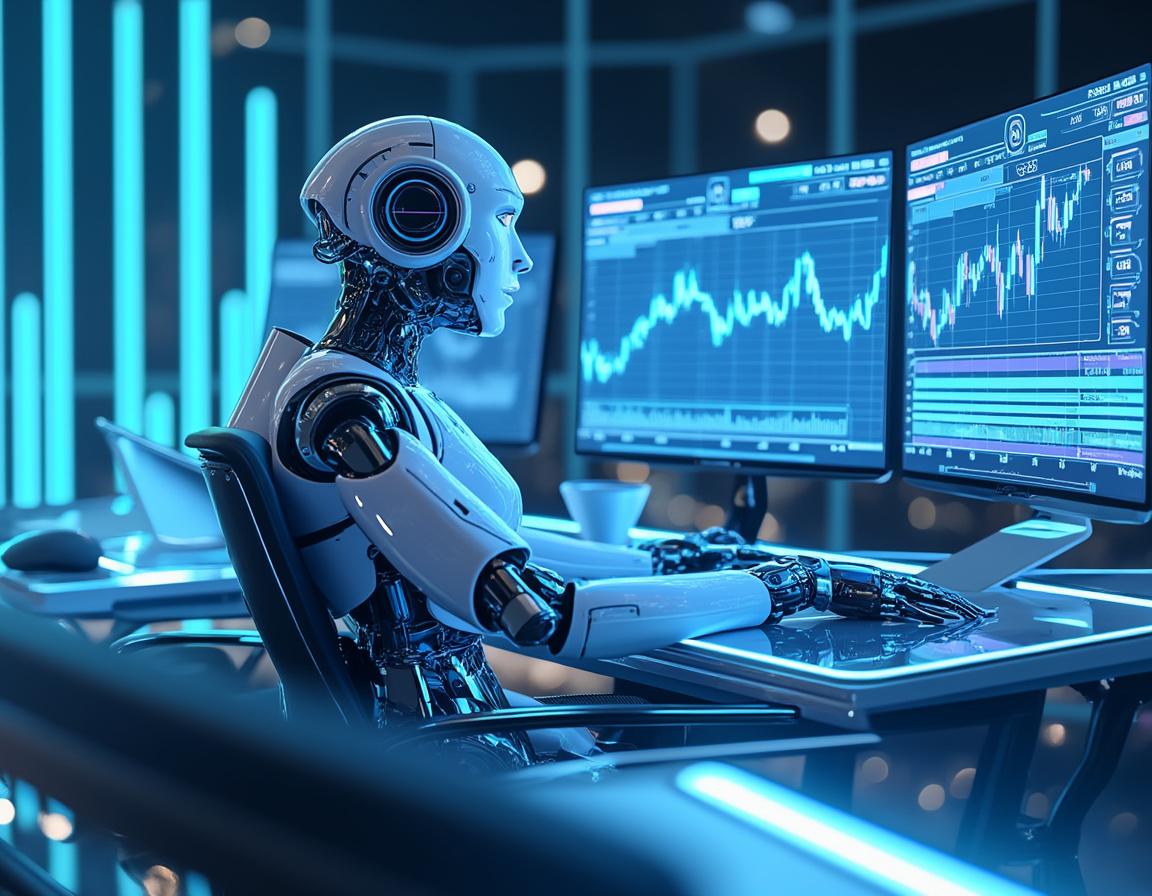 A humanoid AI trading bot at a high-tech workstation analyzing market data across glowing screens.
