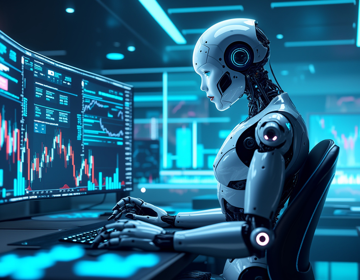 A humanoid AI trading bot analyzes market data at a high-tech workstation with multiple screens.