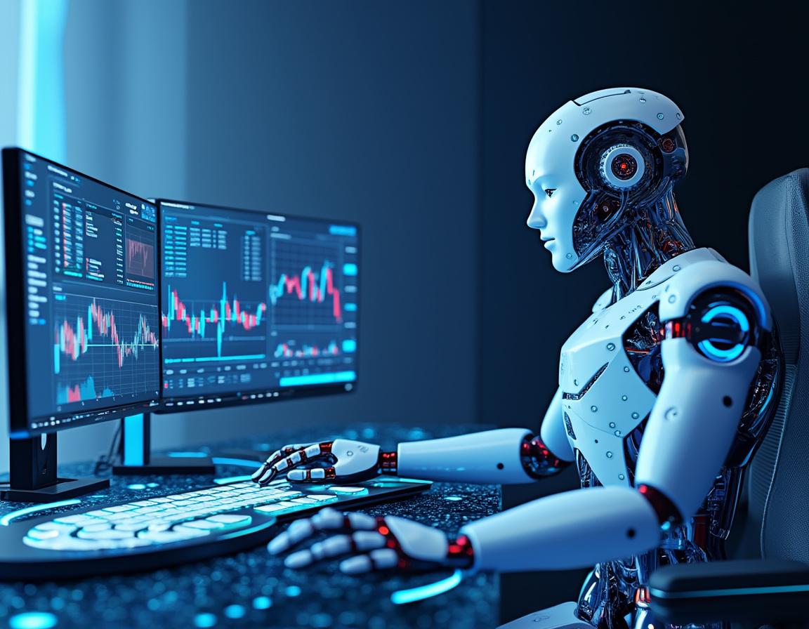 A humanoid AI trading bot at a high-tech workstation analyzing market data on multiple screens.