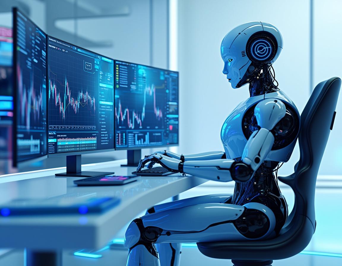 A humanoid AI trading bot at a high-tech desk analyzing market data with multiple trading screens.