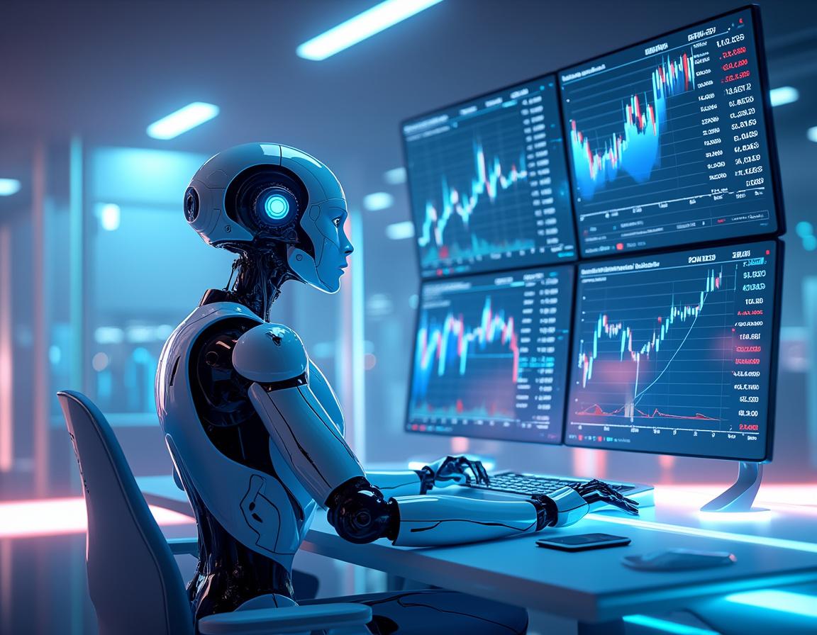 A hyper-realistic AI trading bot at a workstation analyzing market data on multiple screens in 3D.
