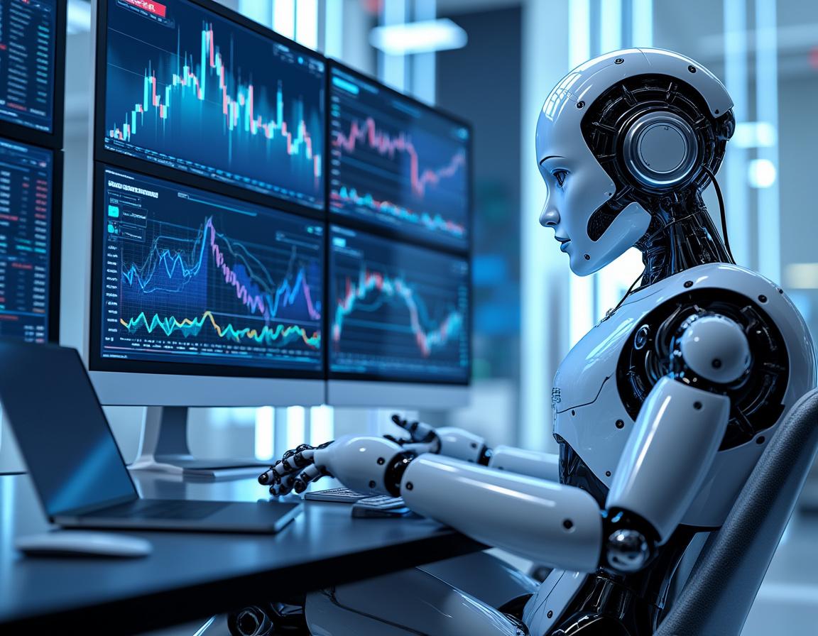 A humanoid AI trading bot at a high-tech workstation analyzes market data on multiple screens.