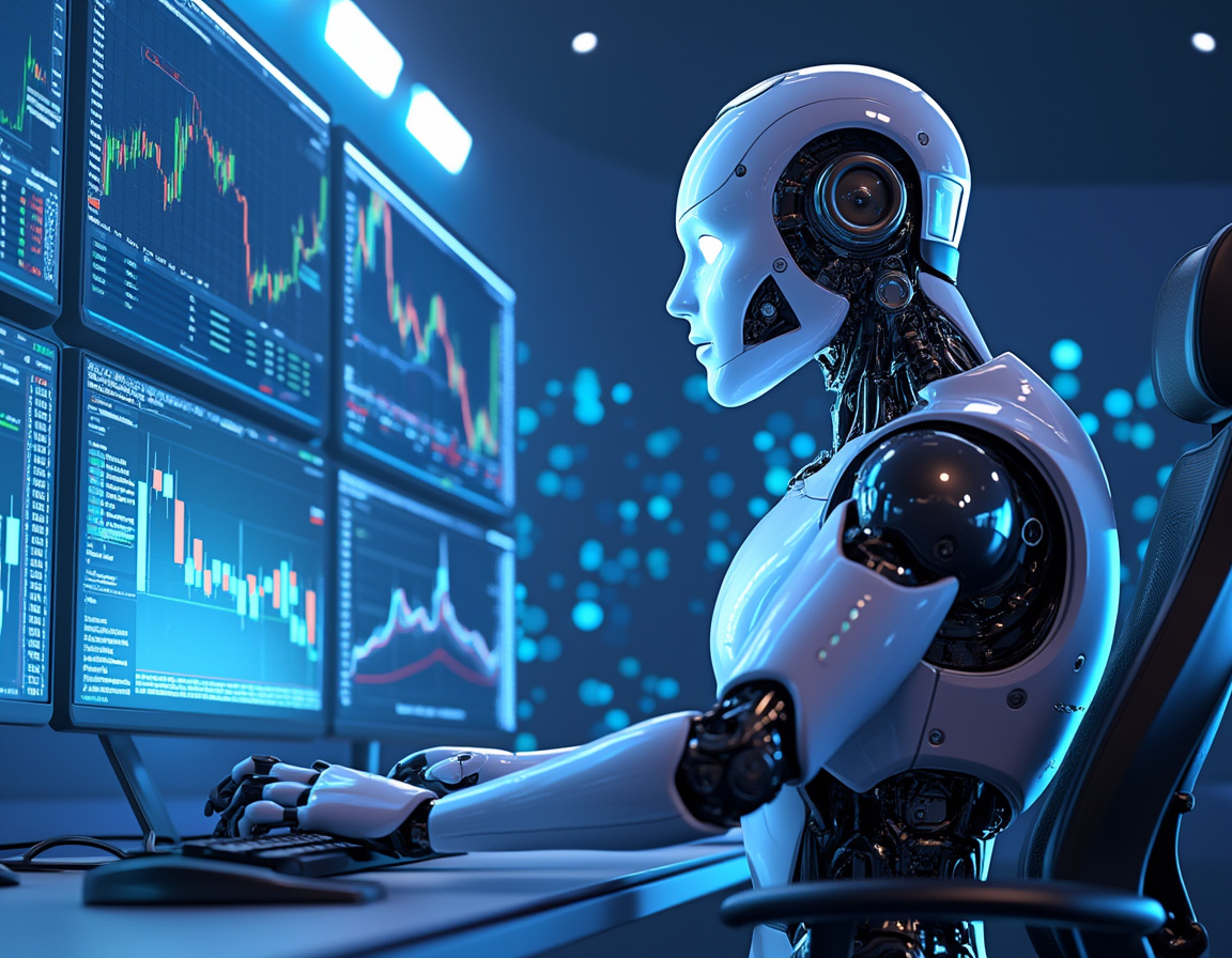 A hyper-realistic AI trading bot operates in a high-tech finance environment analyzing market data.