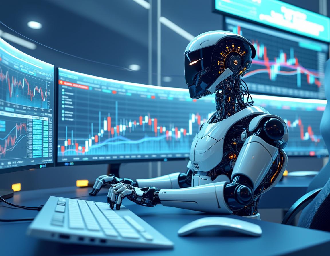 A humanoid AI trading bot at a workstation analyzing market data on multiple high-tech screens.