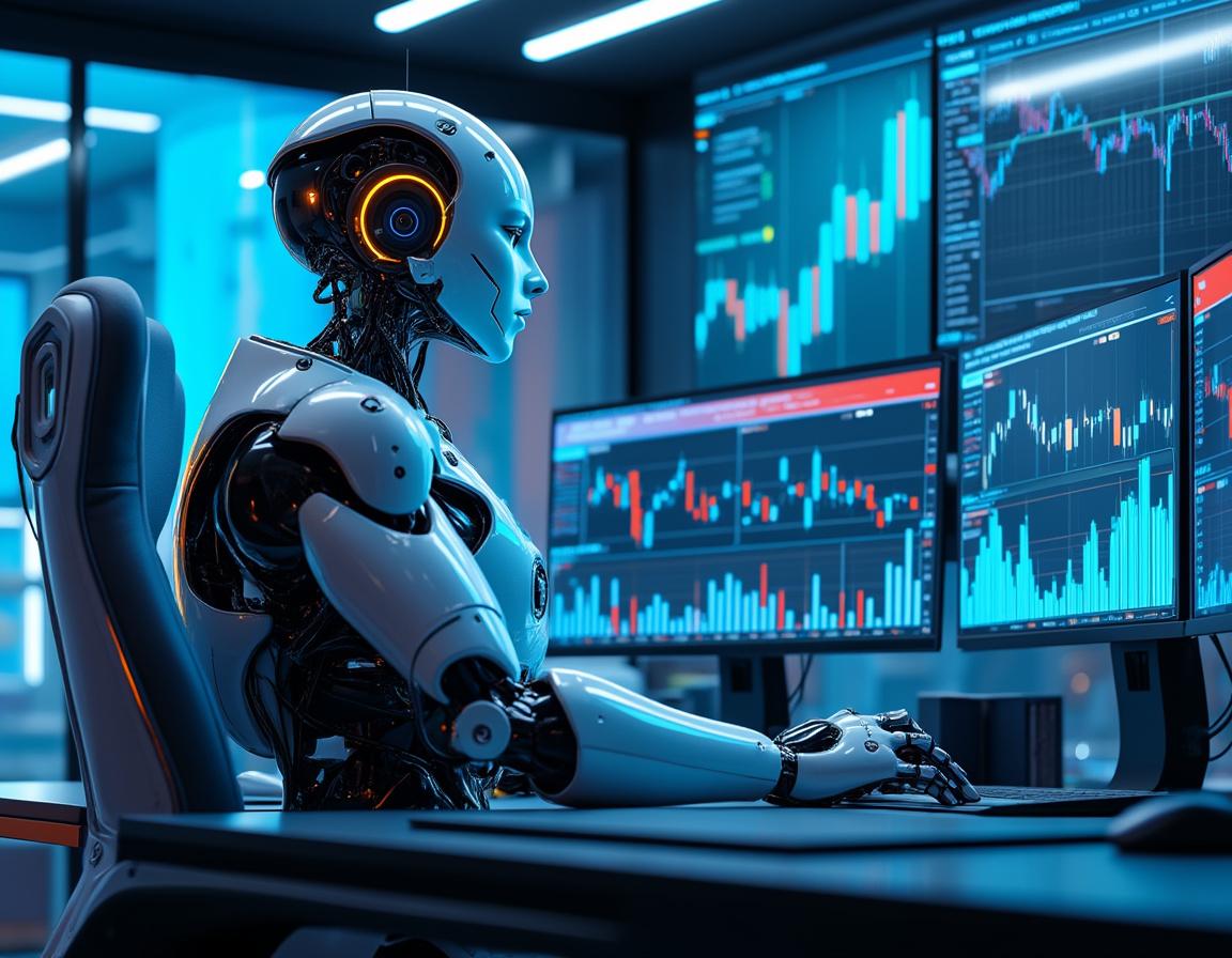 A hyper-realistic AI trading bot in a futuristic setting analyzing stock and crypto market data.