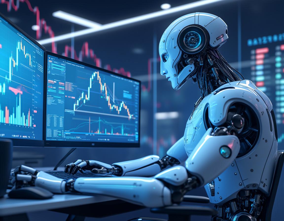 A humanoid AI trading bot at a high-tech workstation, analyzing market data across multiple screens.