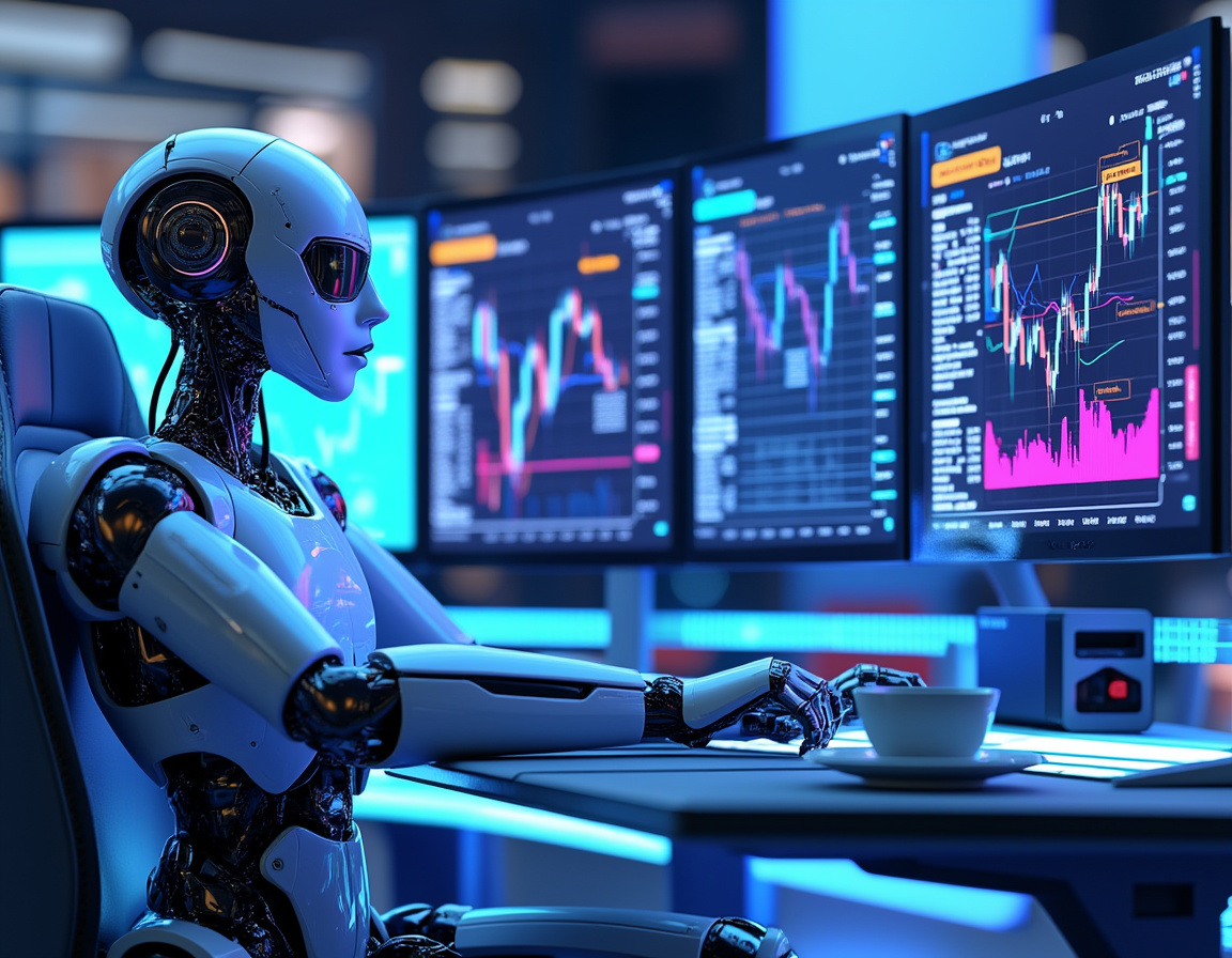 A hyper-realistic AI trading bot seated at a workstation, analyzing market data on multiple screens.