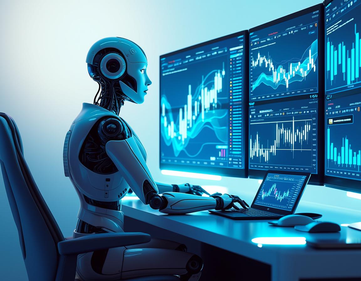 A humanoid AI trading bot at a workstation, analyzing data on screens in a futuristic setting.