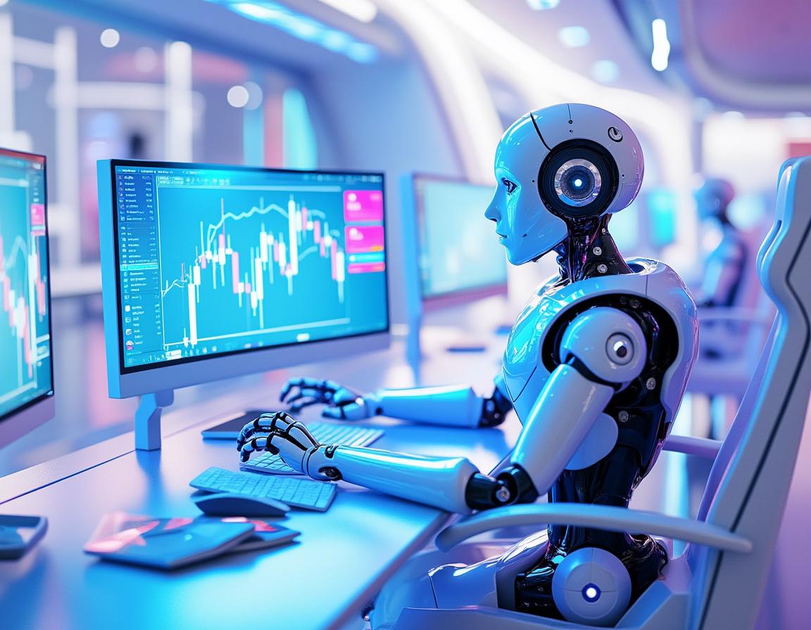 A hyper-realistic AI trading bot analyzes market data on multiple screens in a futuristic workspace.