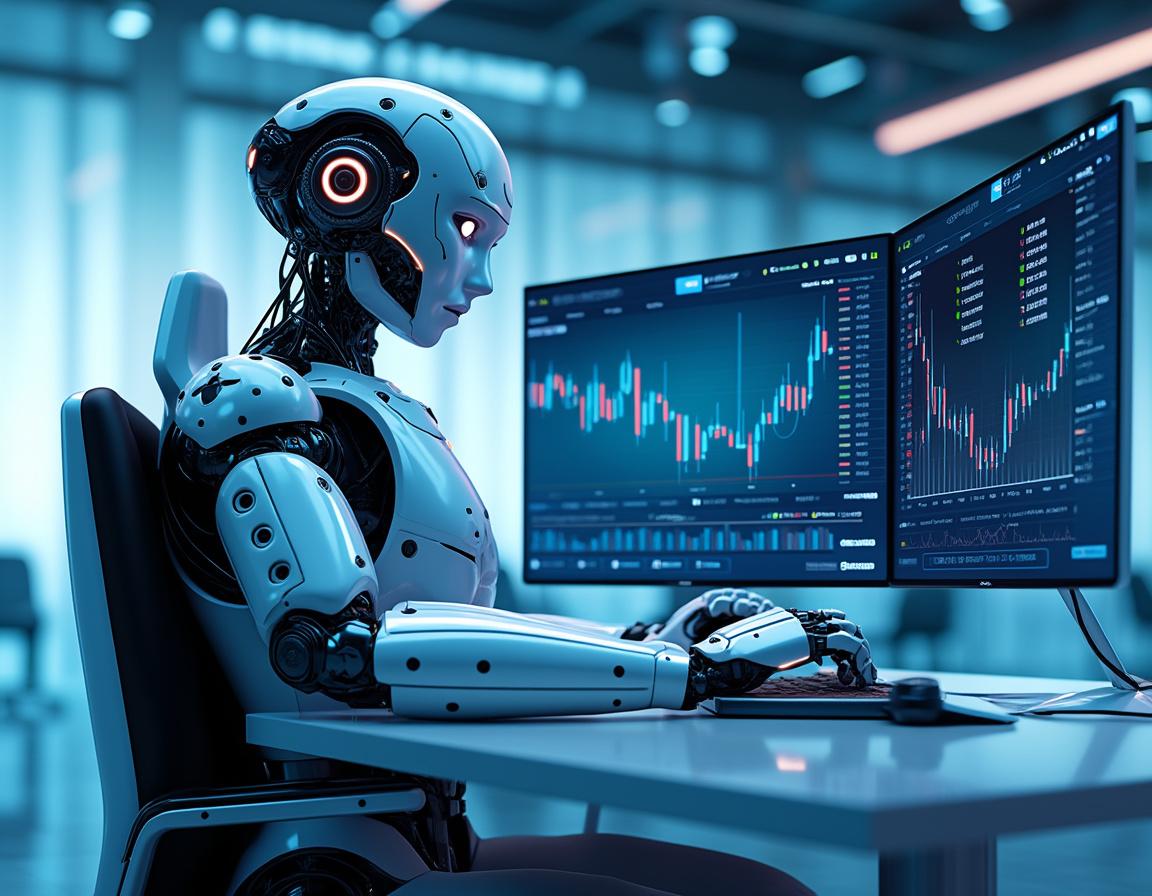 A humanoid AI trading bot analyzes market data at a high-tech workstation, multiple screens glowing.