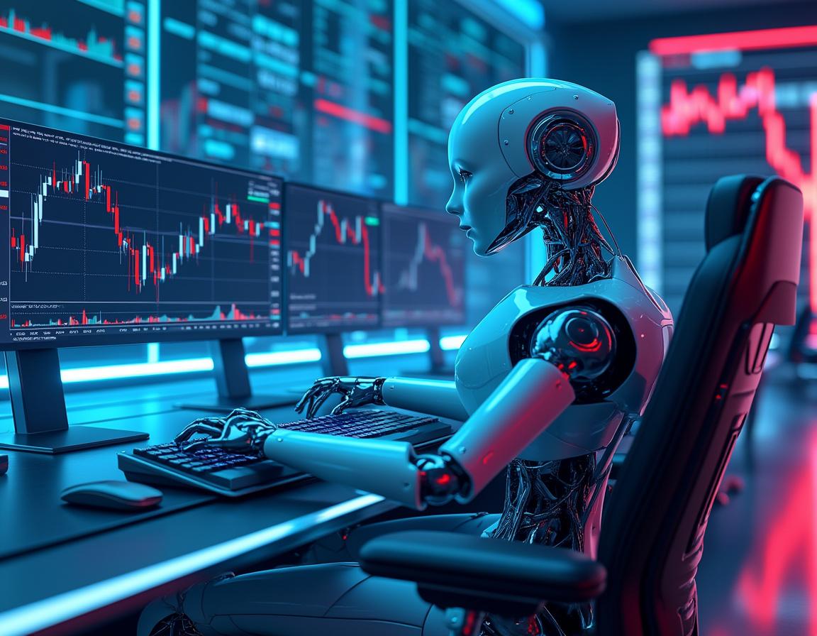 A sleek humanoid AI trading bot analyzes market data on multiple screens in a high-tech workspace.