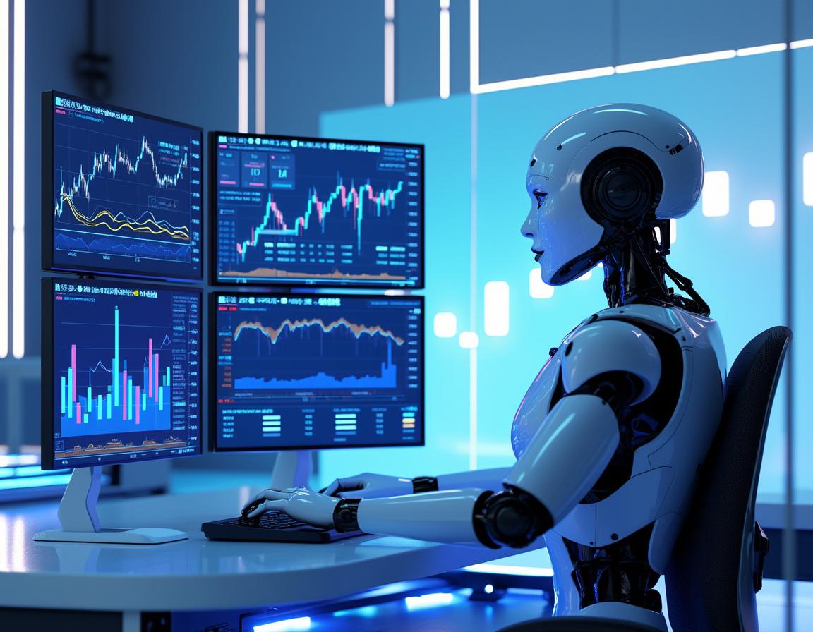 A hyper-realistic AI trading bot analyzes market data at a sleek workstation, surrounded by screens.