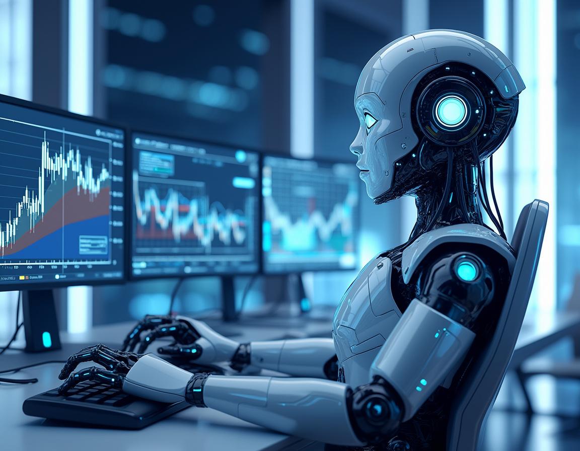 A humanoid AI trading bot in a futuristic workspace, analyzing data on multiple glowing screens.