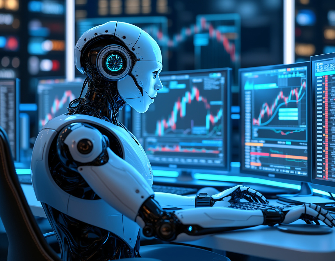 A humanoid AI trading bot analyzes market data at a futuristic workstation with multiple screens.