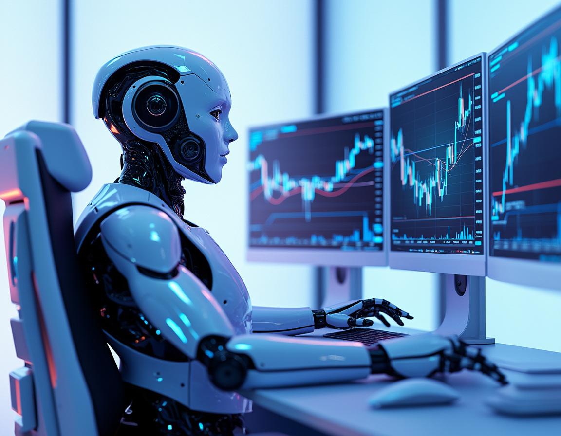 A humanoid AI trading bot analyzes market data at a sleek workstation surrounded by glowing screens.