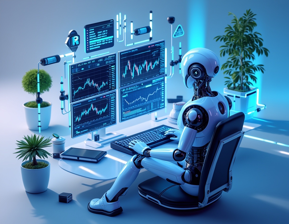 A humanoid AI trading bot analyzes market data at a high-tech workstation with multiple screens.