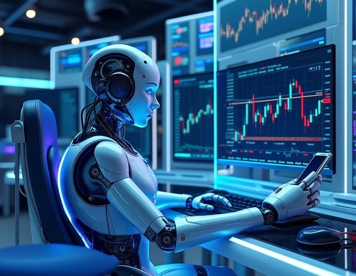 A hyper-realistic AI trading bot at a high-tech workstation analyzing cryptocurrency and stock data.