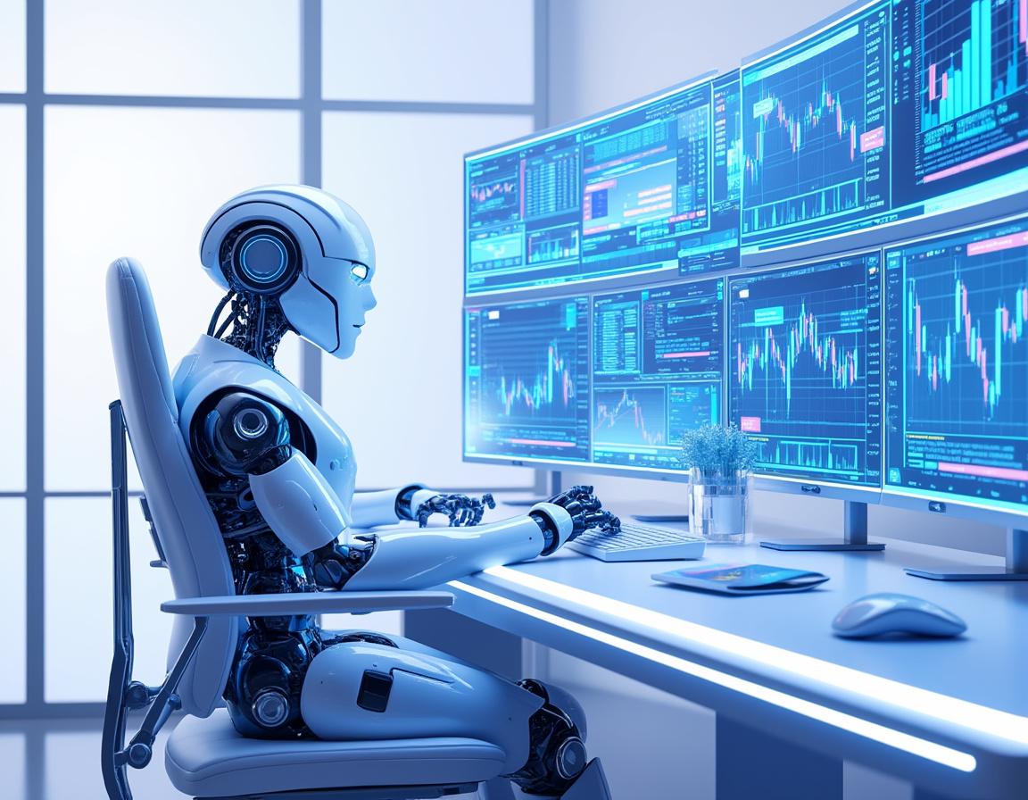 A humanoid AI trading bot at a high-tech workstation analyzing market data on multiple screens.