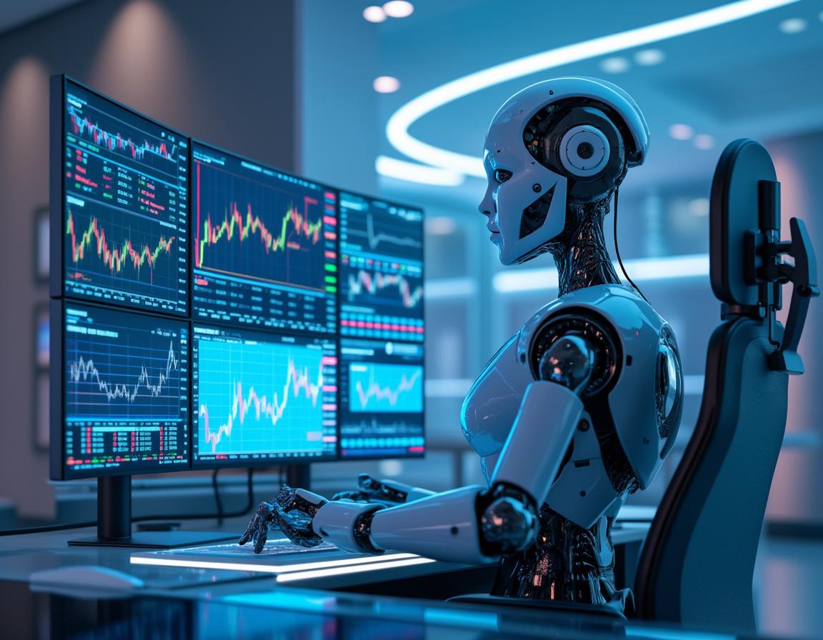 A humanoid AI trading bot analyzes data on multiple screens in a futuristic trading environment.