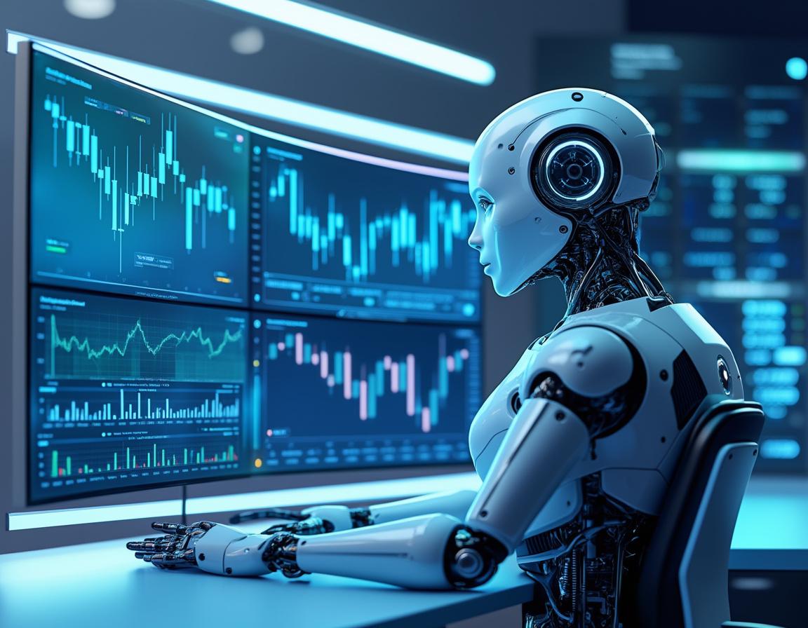 A humanoid AI trading bot at a high-tech workstation analyzes market data across multiple screens.